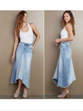 Wash Lab Selma Pieced Asymmetric Denim Maxi SKIRT Size 29 Surf Blue NEW $128